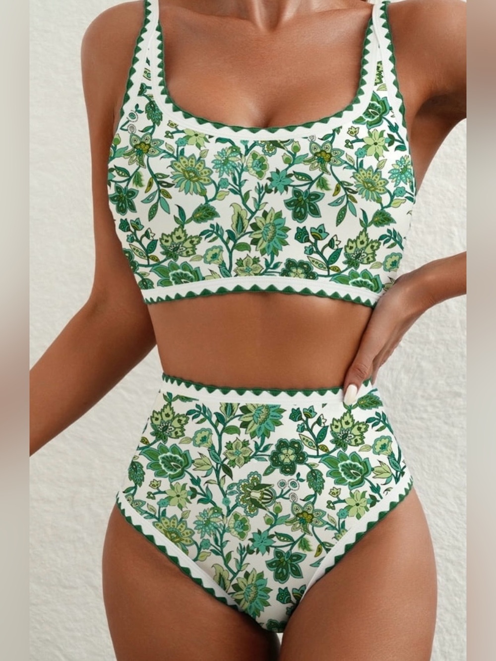Shewin high waist green floral vine print bikini top and bottom size medium